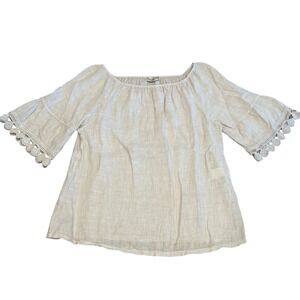 TERZO MILLENNIO Womens Linen Blouse Medium Cottagecore Coastal Boho Crochet